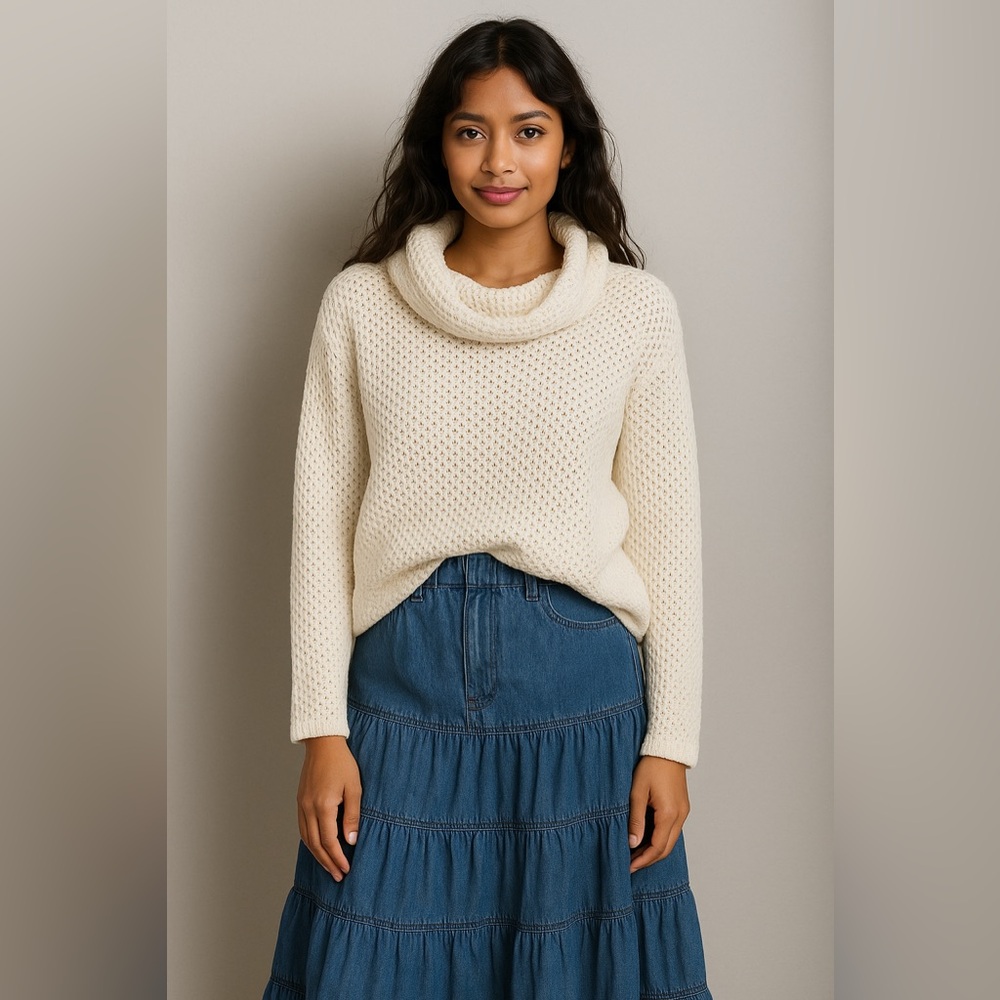 Vintage Northern Reflections Cream Crochet open Knit Cowl Neck Sweater Large